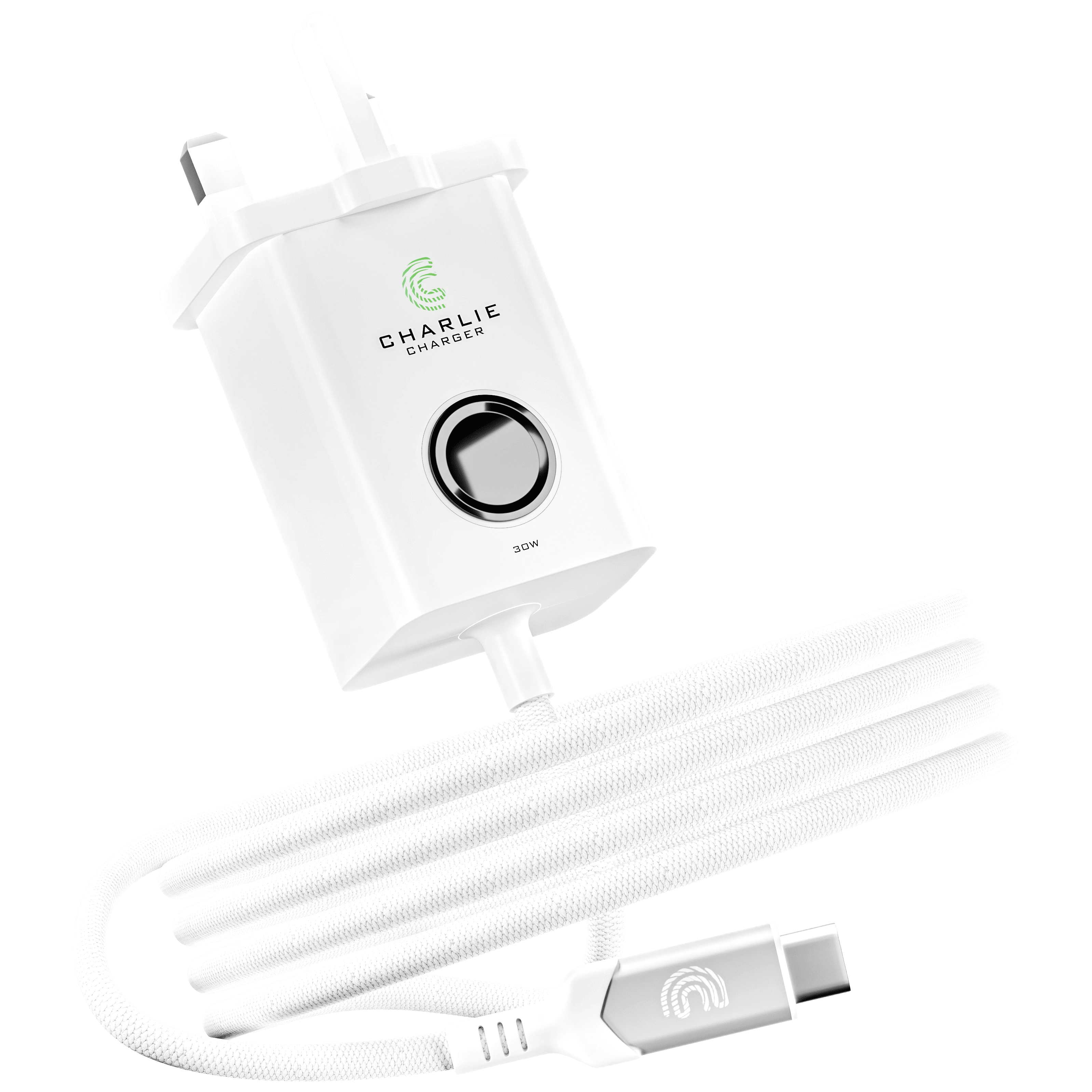 Charlie Charger fingerprint-secured 30W USB-C wall charger with built-in braided cable